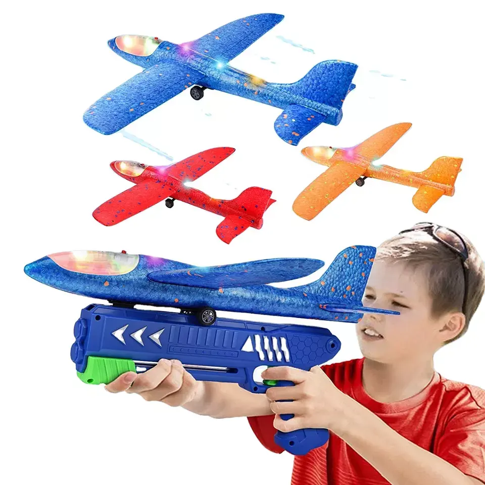 생일 선물 야외 스포츠 비행 장난감 LED 거품 글라이더 투석기 비행기 장난감 3 팩 비행기 발사기 빛