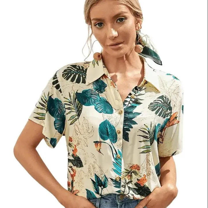 Blusa informal de rayón con manga corta para verano, camisa con botones para mujer