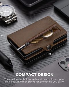 Thumbs-up tùy chỉnh chính hãng Da nhôm RFID chặn ID cửa sổ chủ thẻ tín dụng chủ thẻ dây kéo đồng xu túi ví - Product Image 5