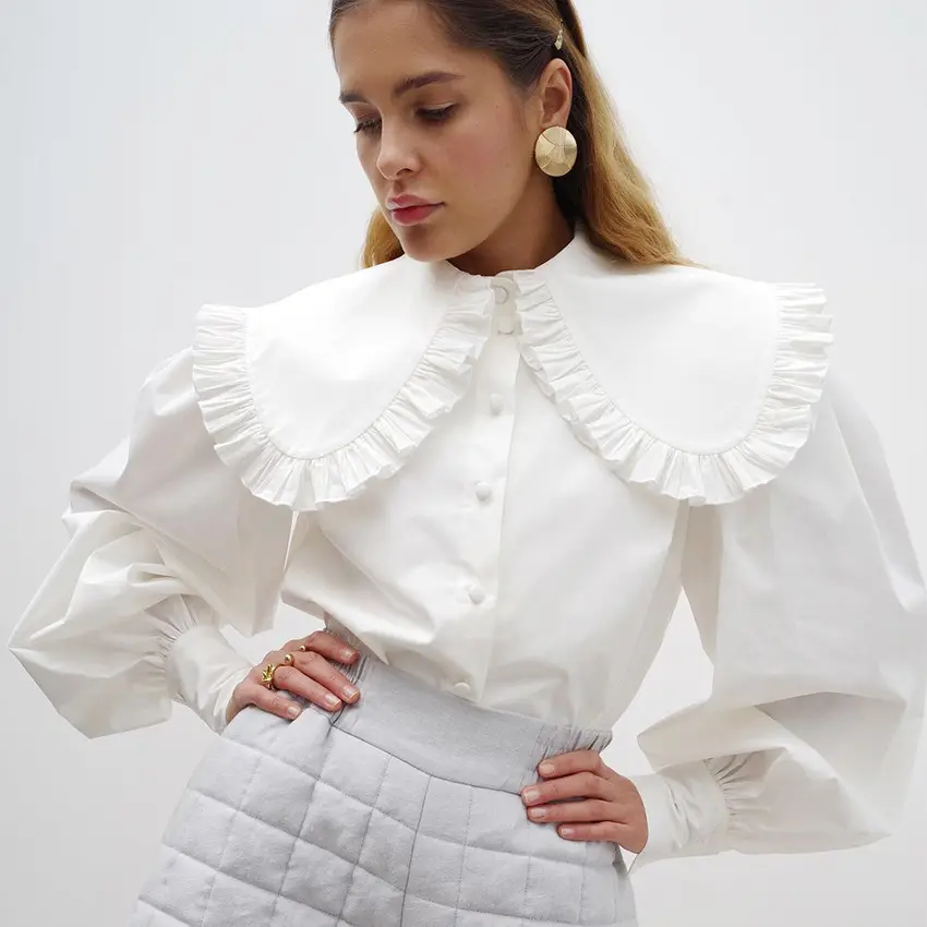 KTZ5827-camisa con volantes para mujer, Blusa de manga larga con cuello Peter Pan grande, Tops informales de algodón blanco con volantes para primavera y verano 2022