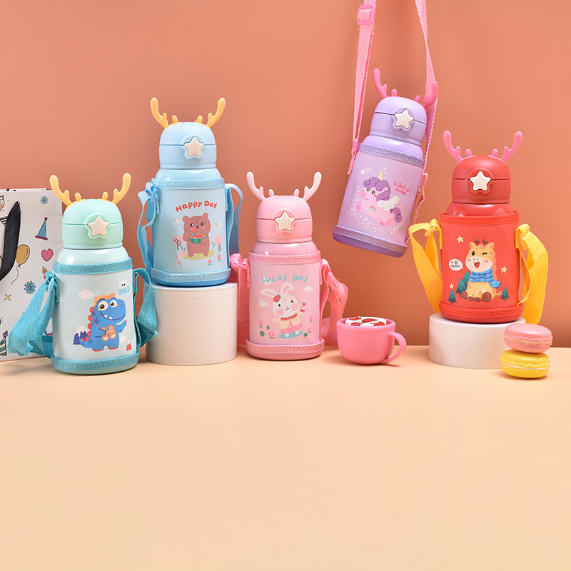 Seaygift Cartoon Deer <strong>Horn</strong> Kids Vacuum Insulated <strong>Cups</strong> Mugs 1 <strong>Cup</strong> 2 Lids Children Stainless Steel Thermos Water Bottle with Straw - Product Image 1