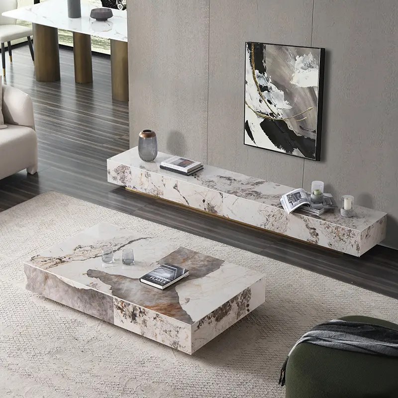 Tavolino da caffè con Base in metallo con supporto Tv in marmo bianco dal Design moderno