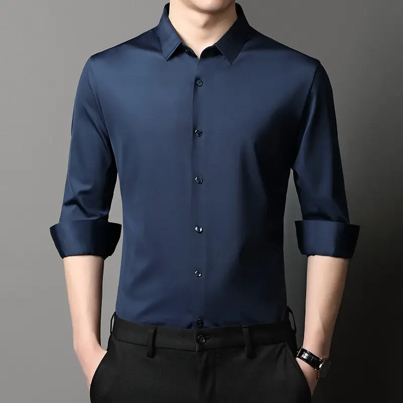 रेशम शर्ट पुरुषों उच्च गुणवत्ता सामग्री ठोस साटन लंबी आस्तीन स्लिम फिट औपचारिक शर्ट पुरुषों की पोशाक शर्ट आदमी के लिए