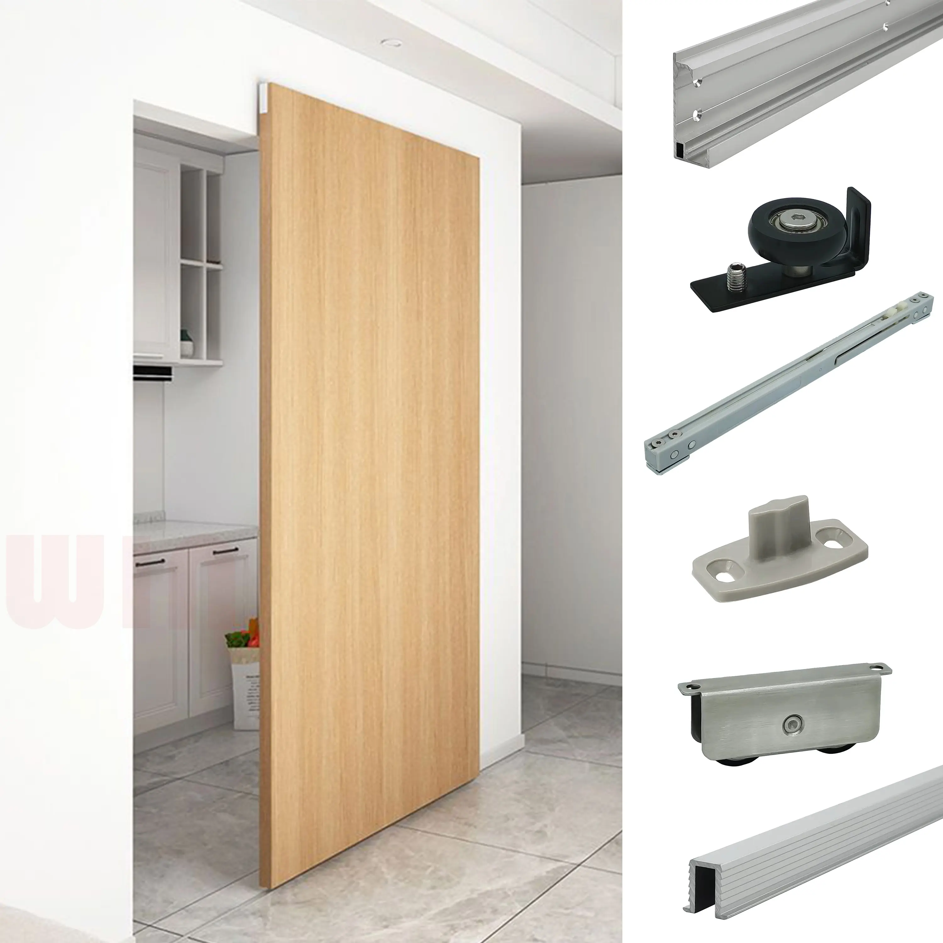 Interior door invisible installation aluminum profile hydraulic wooden sliding door system