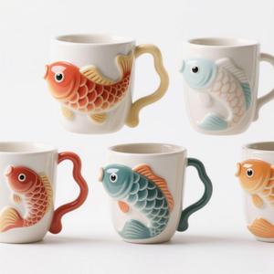 鯉魚セラミックマグ-14オンス日本風コーヒーカップ、幸運な金魚のドリンクウェア、お茶とフォーチュン愛好家のための禅ギフト
