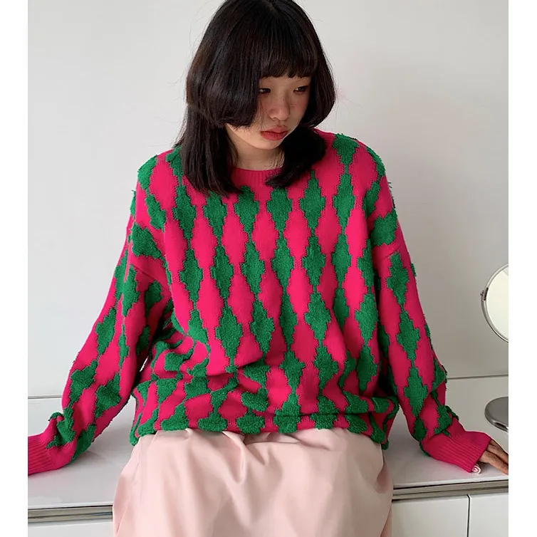 Penjualan Laris Sweater Rajut Anak Perempuan Desain Grafis Houndstooth Longgar Lengan Panjang Bulat Crew