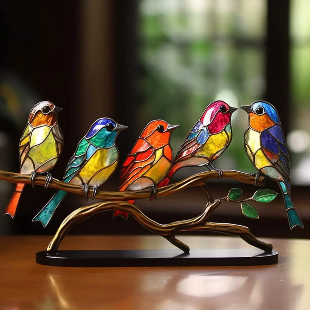 Stained Birds On Branch Desktop Ornaments 2023 New Hummingbird Stained Metal Desk Ornament Colorful Birds Desktop Decorations