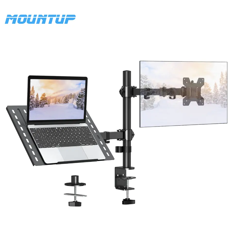 MOUNTUP Hasta 32 pantallas Soporte ajustable para computadora portátil Brazo de monitor único con bandeja para computadora portátil