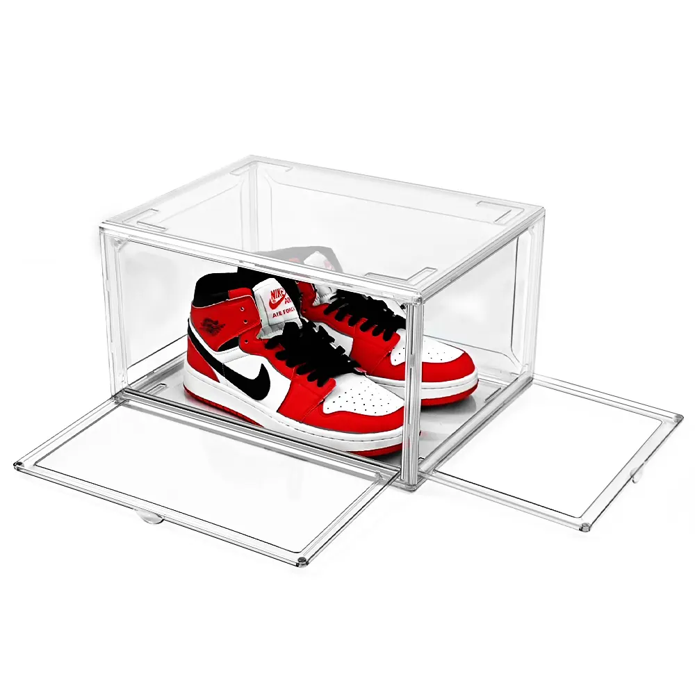 Vente en gros de boîtes de rangement pour chaussures en plastique transparent empilables avec tiroir en acrylique magnétique