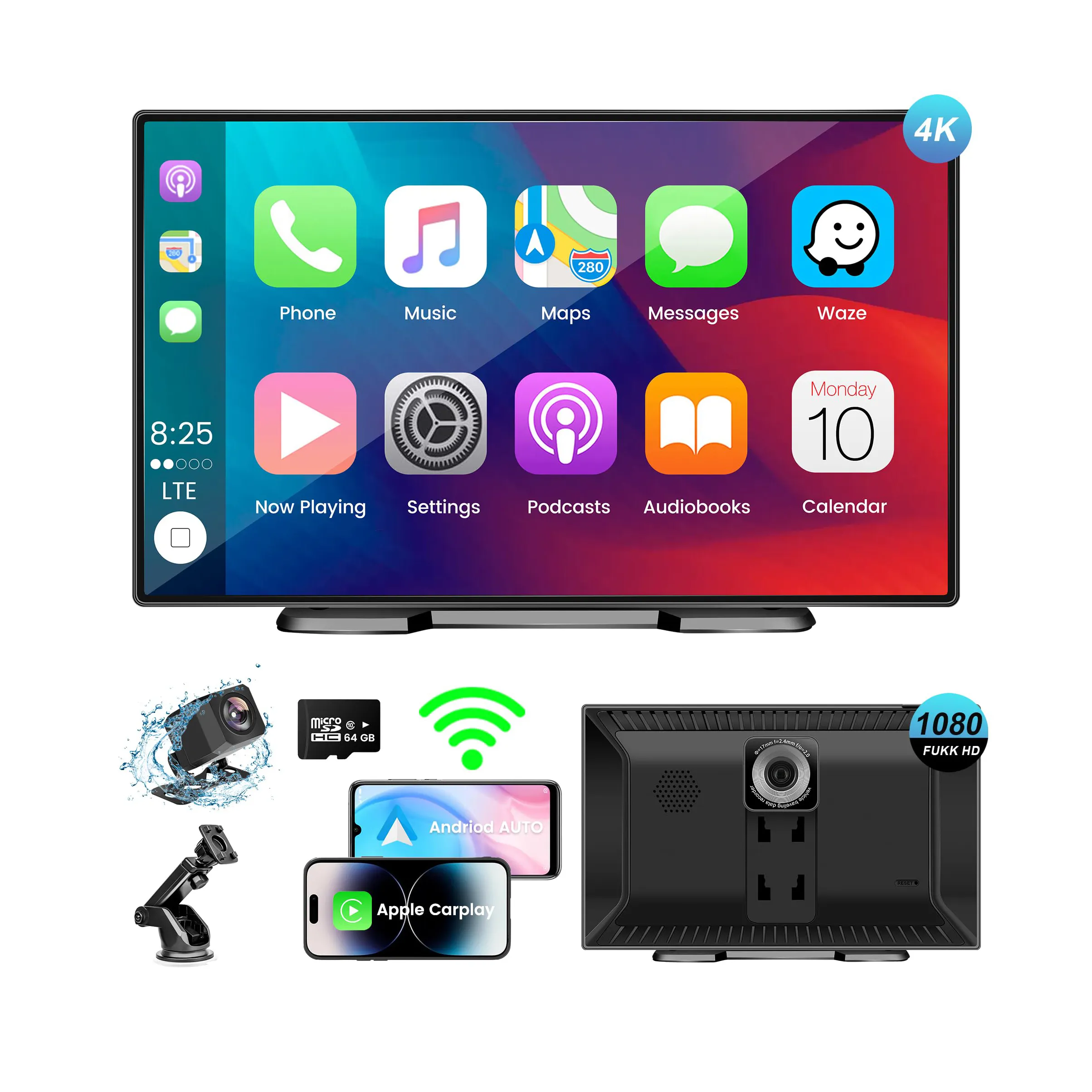 Pantalla de coche de 9 pulgadas inalámbrica Android Auto CarPlay HD IPS pantalla táctil para Radio de coche con cámara de respaldo de 1080P