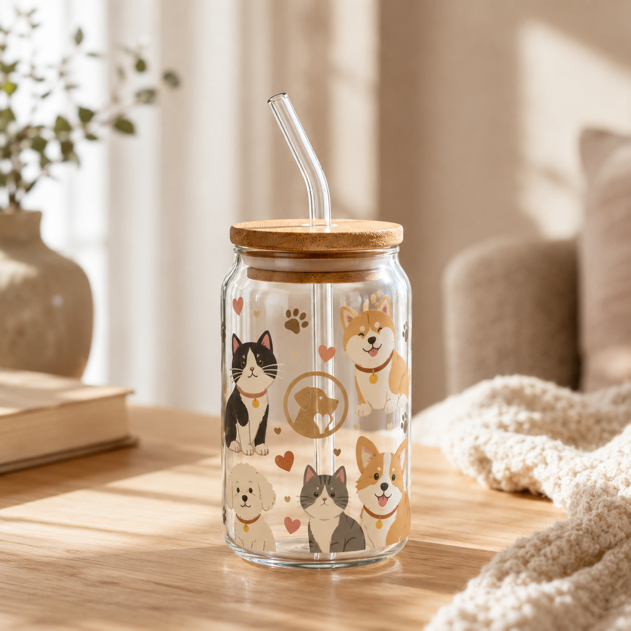 Vaso de vidrio con tapa y pajita