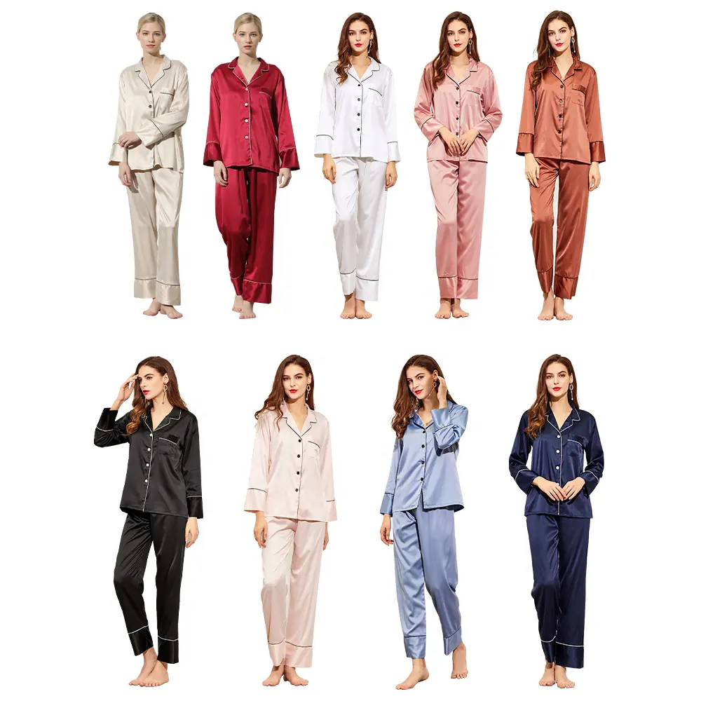 Fung 6001 Luxe Stock Prêt à expédier Femme Satin Soie Pyjama À Manches Longues