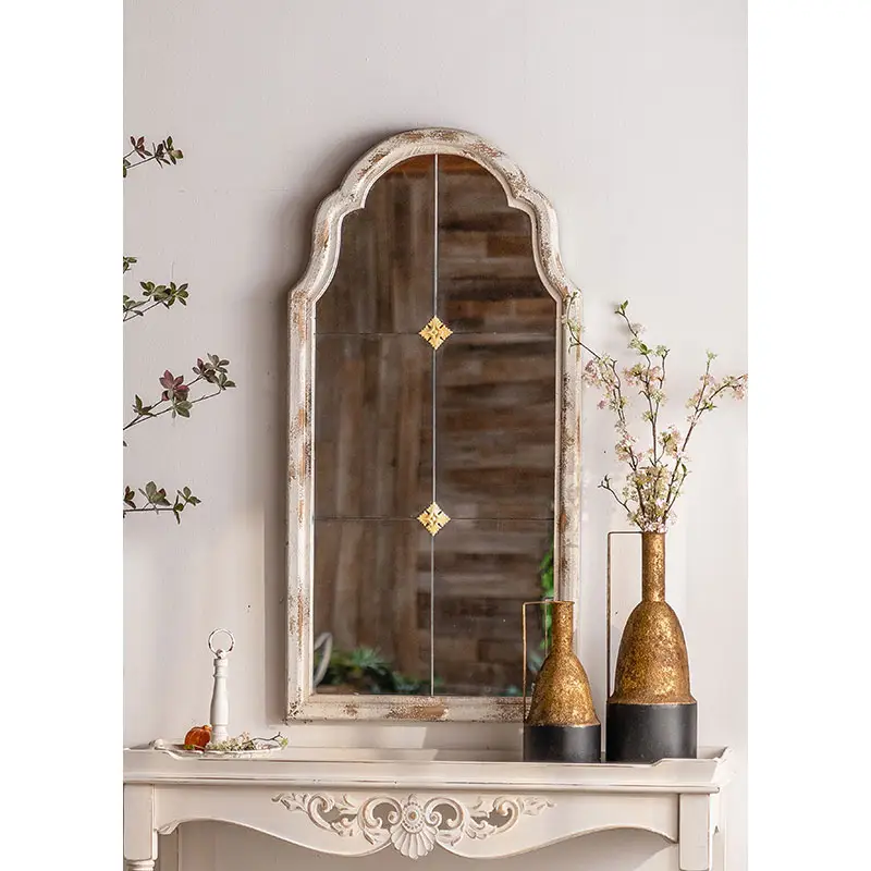 French Country Farmhouse Long Decor Mirror Sofa Background Decoration White Hanging Mirror Fir Woodd Framed Arched Wall Mirror