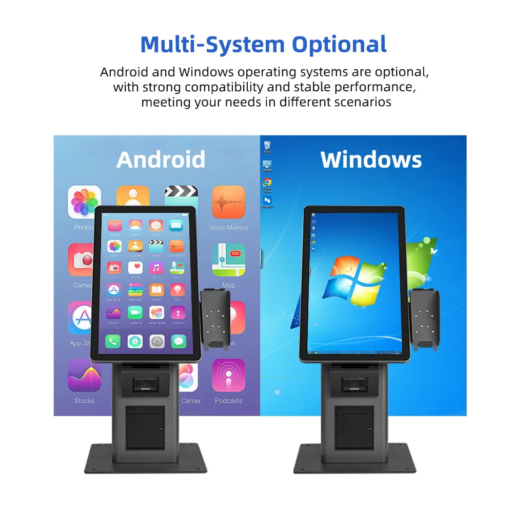 21.5 inç masaüstü/colomn android veya windows self servis kiosk makinesi yazıcı tarayıcı ile self servis sipariş ödeme kiosk