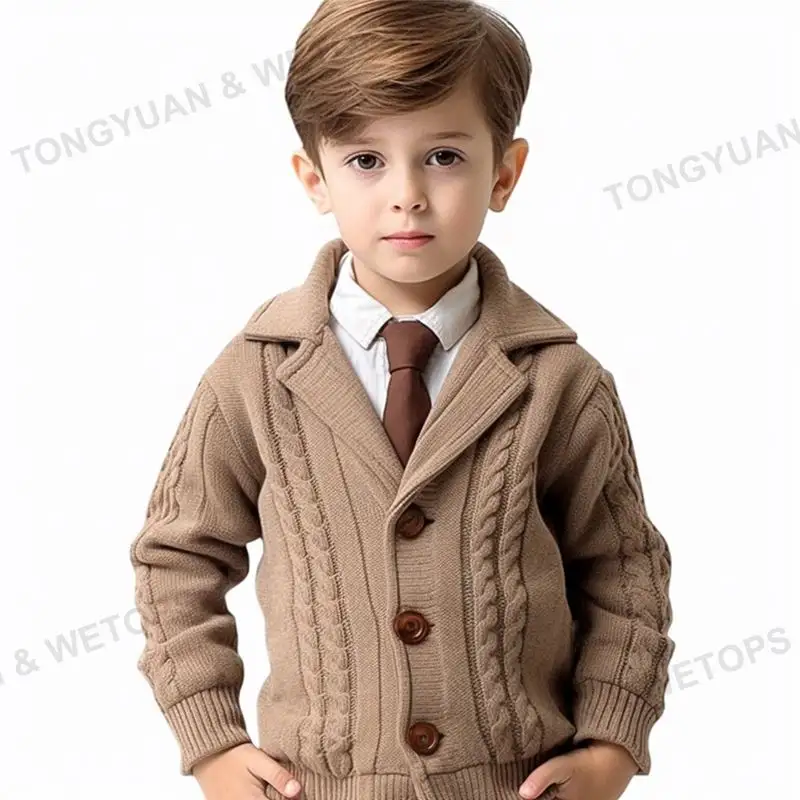 Cardigan infantil com gola de lapela estilo britânico, casacos de malha para meninos e crianças