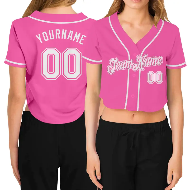 Magliette da Baseball bianche da donna tagliate su misura maglia da Baseball rosa Crop Top Jersey da Baseball per ragazze