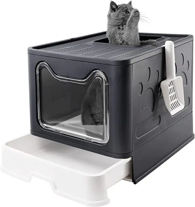 Katlanabilir kedi kumu kapaklı kutu koyu gri ekstra büyük çöp kutusu ile kedi kumu kepçesi çekmece tipi Pan kolay Scoop