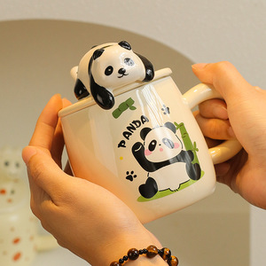 NEWELL sevimli karikatür üç boyutlu Panda seramik kapaklı kupa kaşık Ins büyük kapasiteli içme fincan - Product Image 4