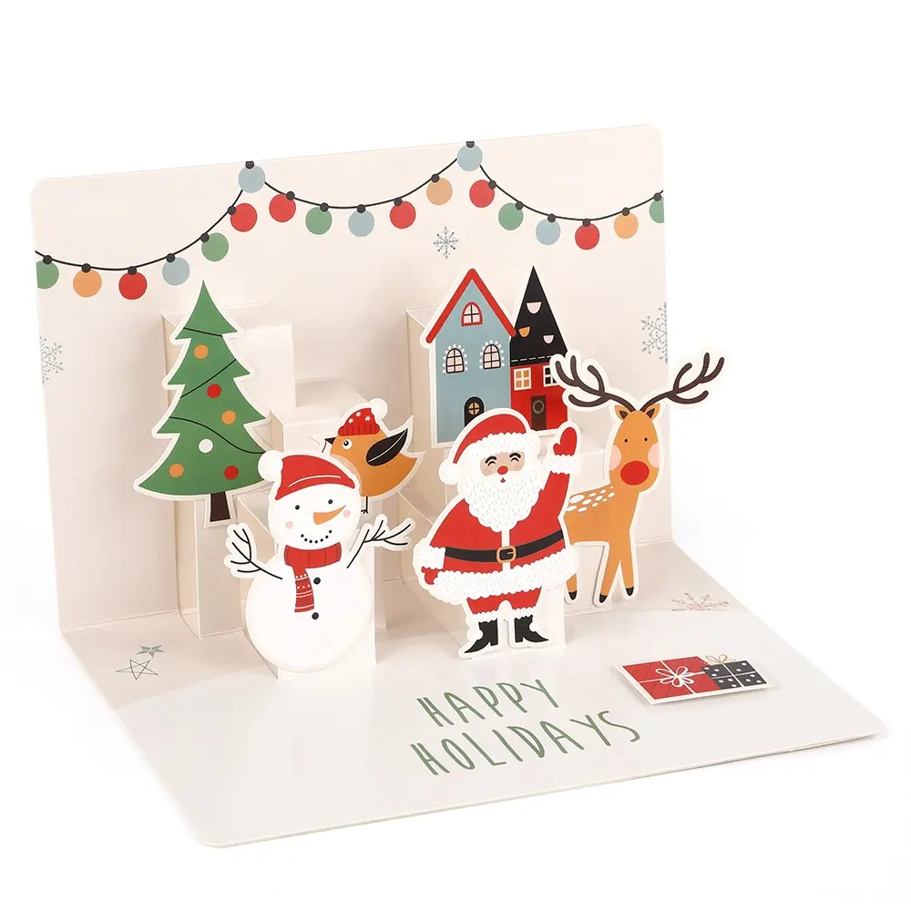 Tarjeta Pop-up de Papá Noel, venta al por mayor, impresión personalizada, papel reciclado, tarjetas de felicitación de Feliz Navidad, 3D, hechas a mano