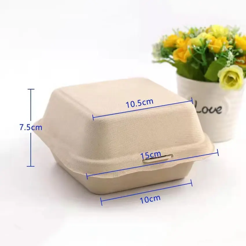 Eco hamburger Packaging Boxes Biodegradable 850ml White Lunch Boxes With Lid Sugar Cane Bagasse To Go Disposable Bento Food Cont