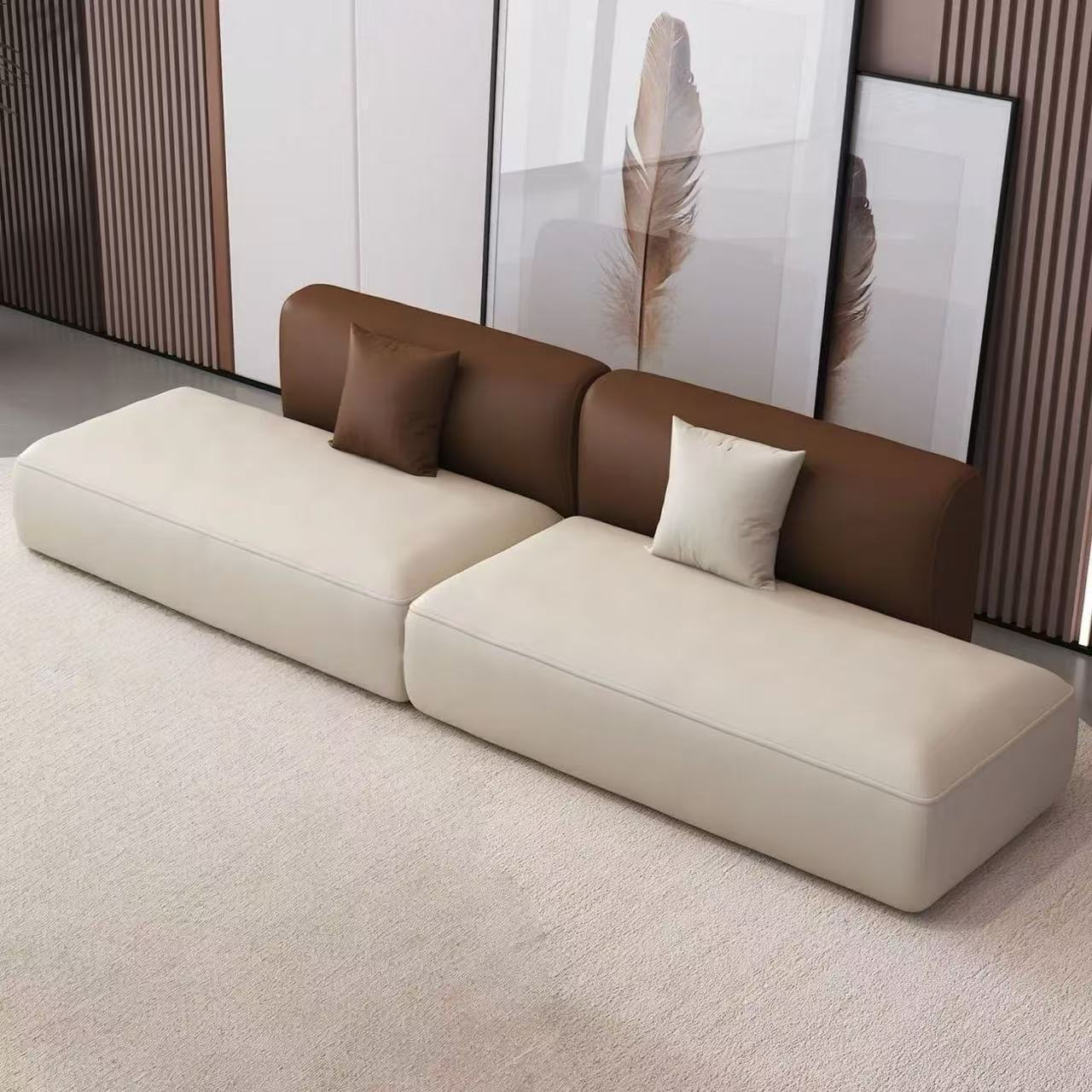 Sofá recto, cuero técnico, marrón y beige