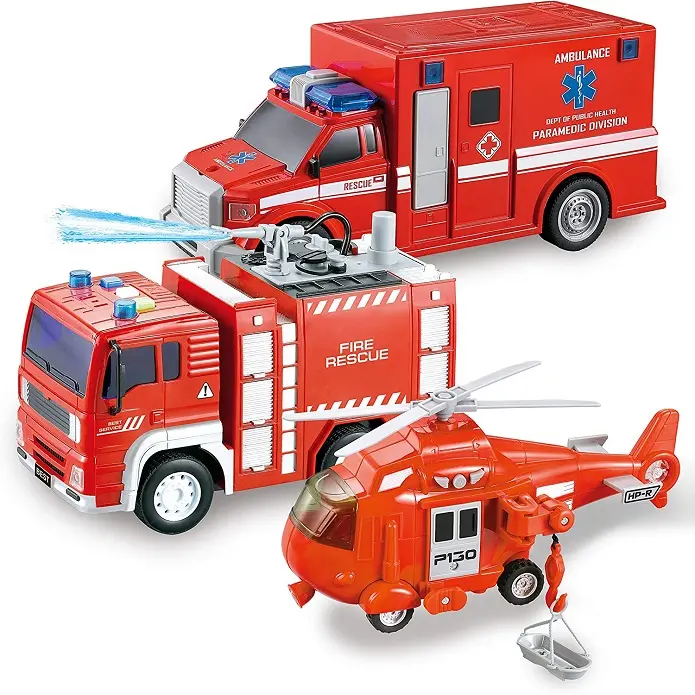 Juego de coches de bomberos alimentados por fricción para niños, con luz y sonido, helicóptero, avión, camión de bomberos, Juguetes