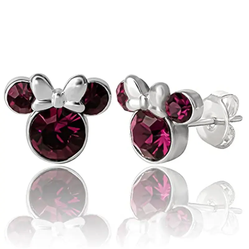 Top Fashion Di.sney Minnie Mouse boucles d'oreilles Faux améthyste pendentif pierre de naissance plaqué argent bijoux pour femmes