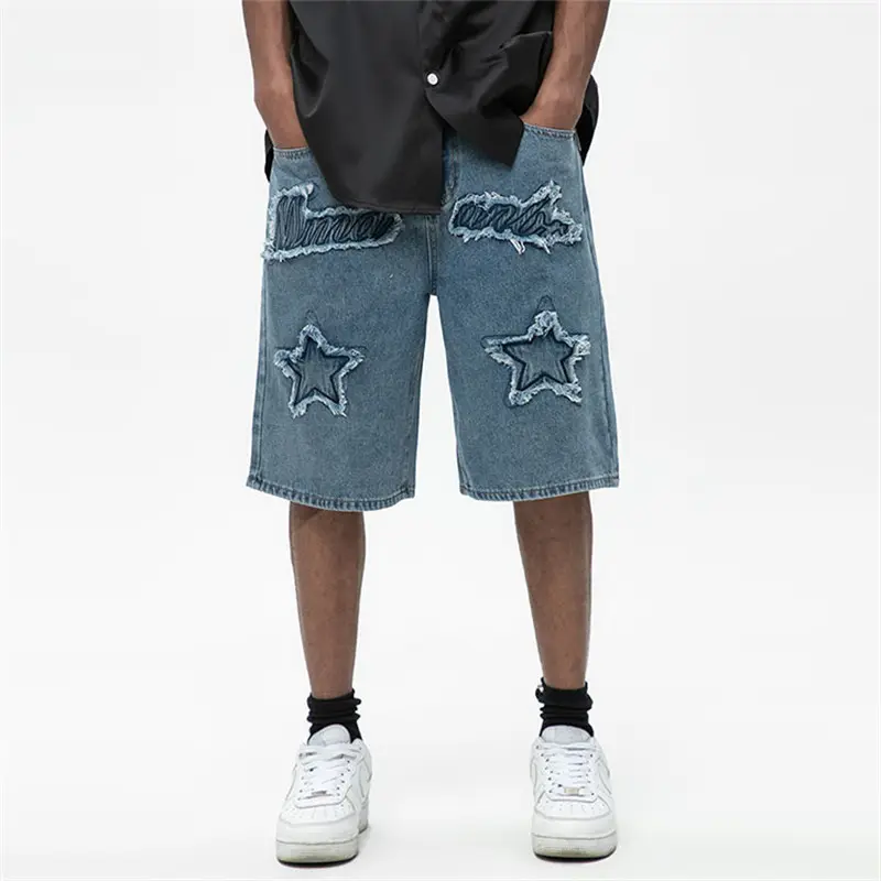 ZY alta calidad 100% algodón rasgado desgastado bordado hombres Jean shorts moda logotipo personalizado hombres Denim Bermudas shorts holgados jorts
