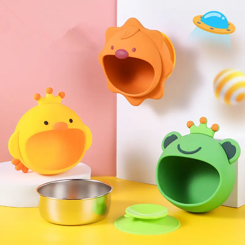 Set mangkuk silikon dengan sendok garpu, sumpit jerami desain kartun hewan mangkuk bayi