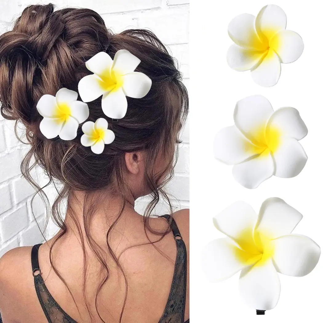 Grampo de cabelo artificial de EVA para mulheres e meninas, flor havaiana, acessório de cabelo amarelo branco de 4-11 cm