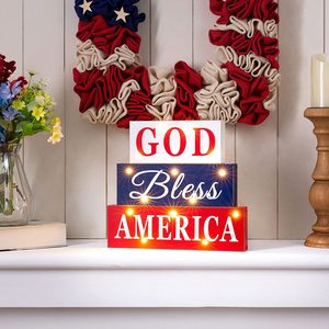 Giorno dell'indipendenza decorazione della tavola in legno americano angosciato segno di blocco dio Bless America con tecnica dipinta a LED - Product Image 1