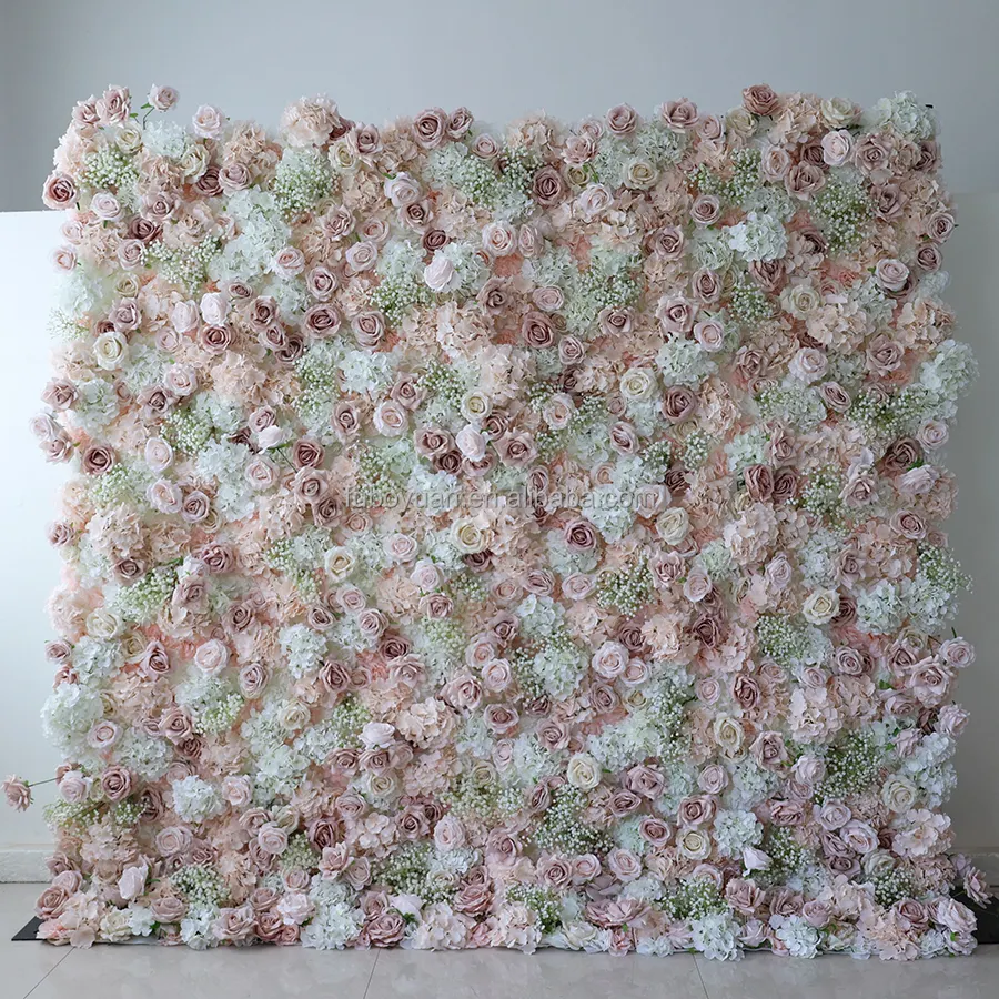 S08 decoración de escenario panel de arreglo de flores de seda enrollar Pared de flores de aliento de bebé rosa de lujo con cremalleras para la venta