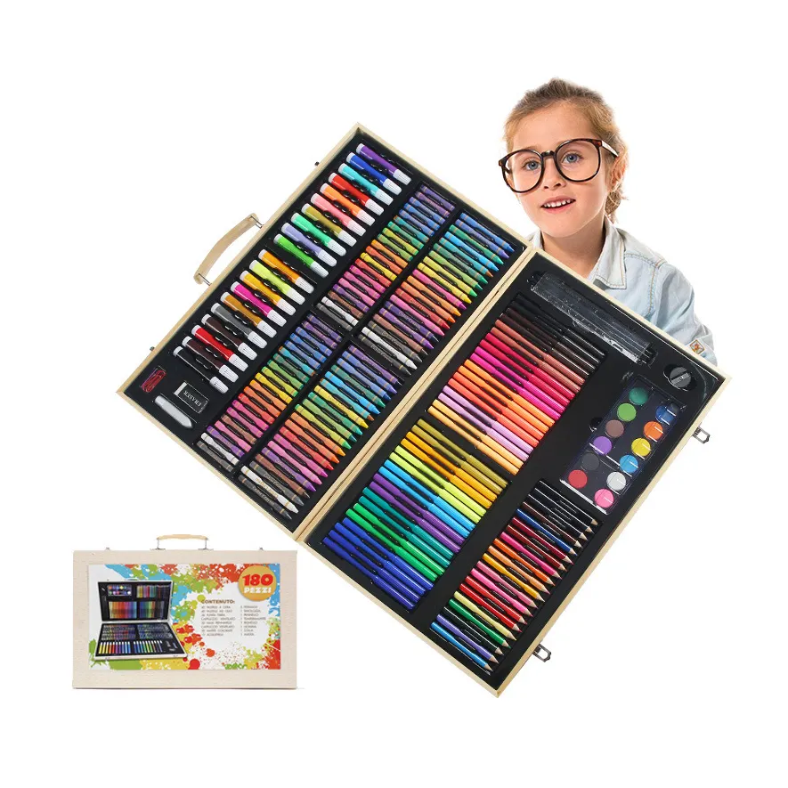 XinyiArt commercio all'ingrosso 180 pezzi Deluxe pittura disegno Kit Art Set con pastelli ad olio pastelli matite colorate vernice acrilica
