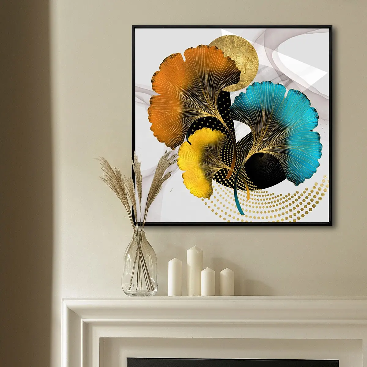 Impresiones abstractas coloridas de hojas de Ginkgo, arte de pared moderno, paisaje HD, pintura de porcelana de cristal para sala de estar, galería, hogar