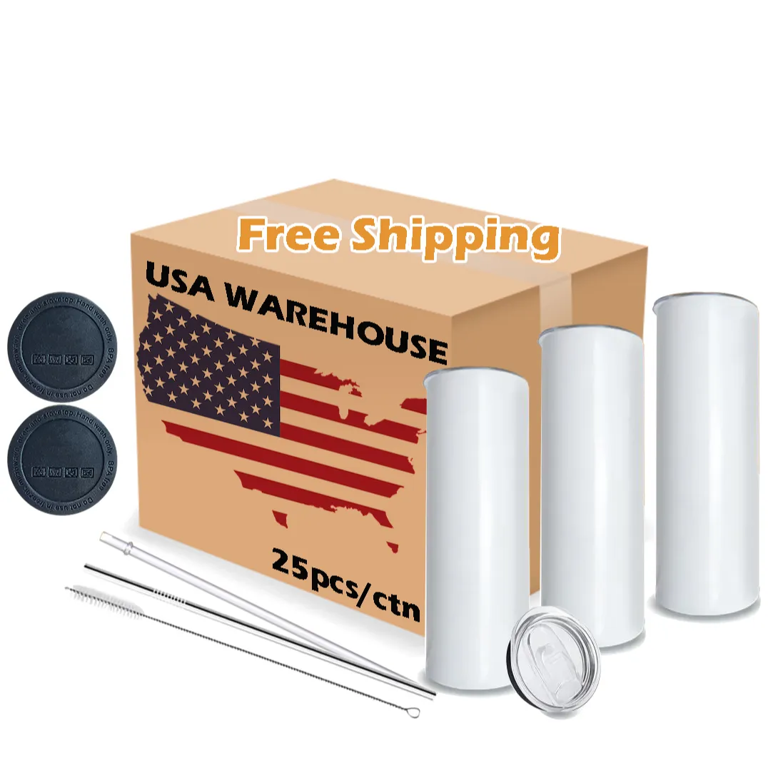USA warehouse 20oz skinny White Straight Sublimation Blanks Stainless Steel Tumblers With Straws