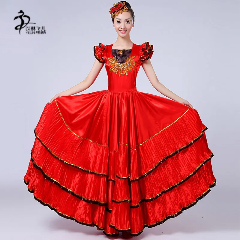 Rouge Flamenco Robe Costume Femmes Espagnol Scène Dame À Manches Courtes de Danse Flamenco Jupe