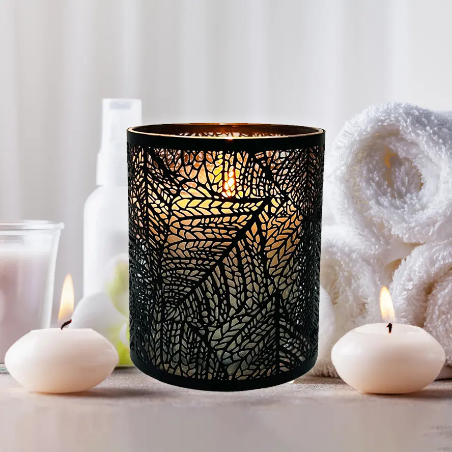 Moderne Metall hohl schwarz Home Decoration Geschenk Kerzenhalter Kerzen glas Behälter Metall Kerzenhalter