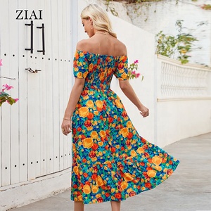Bohem tarzı cabrio iki yönlü off-the-omuz bel-cinching çiçek baskı kısa kollu uzun elbise kadınlar için - Product Image 3
