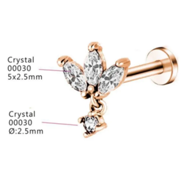 Labret de Piercing rond en Zircon Cz en forme de goutte d'eau pour femmes 14k or titane fileté à l'intérieur