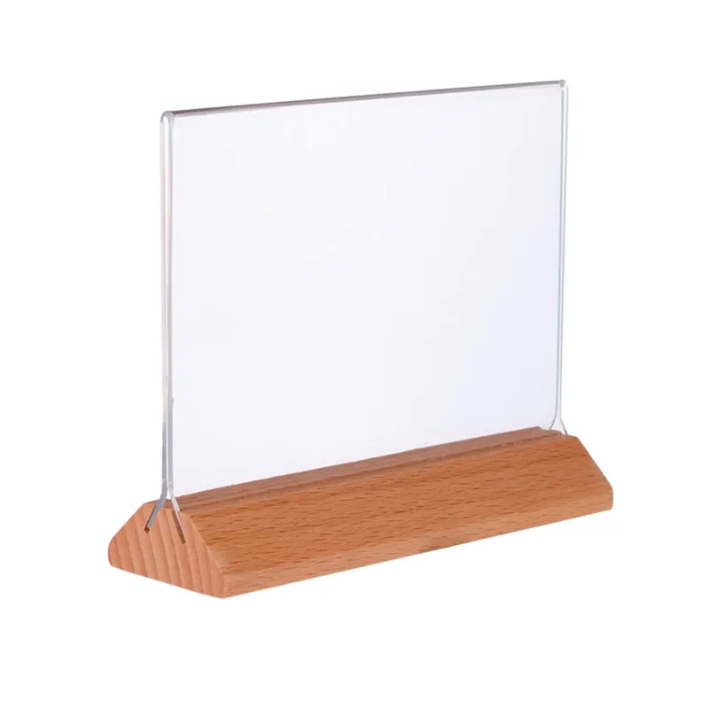 Porta acrílico transparente a6, suporte para tabela de madeira com base de madeira, suporte para cartão, menu, exibição para negócios de casamento