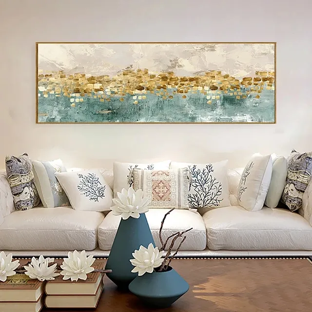 Pintura al óleo de paisaje abstracto hecho a mano para sala de estar, lienzo para decoración del hogar, arte dorado con Marco, 100%