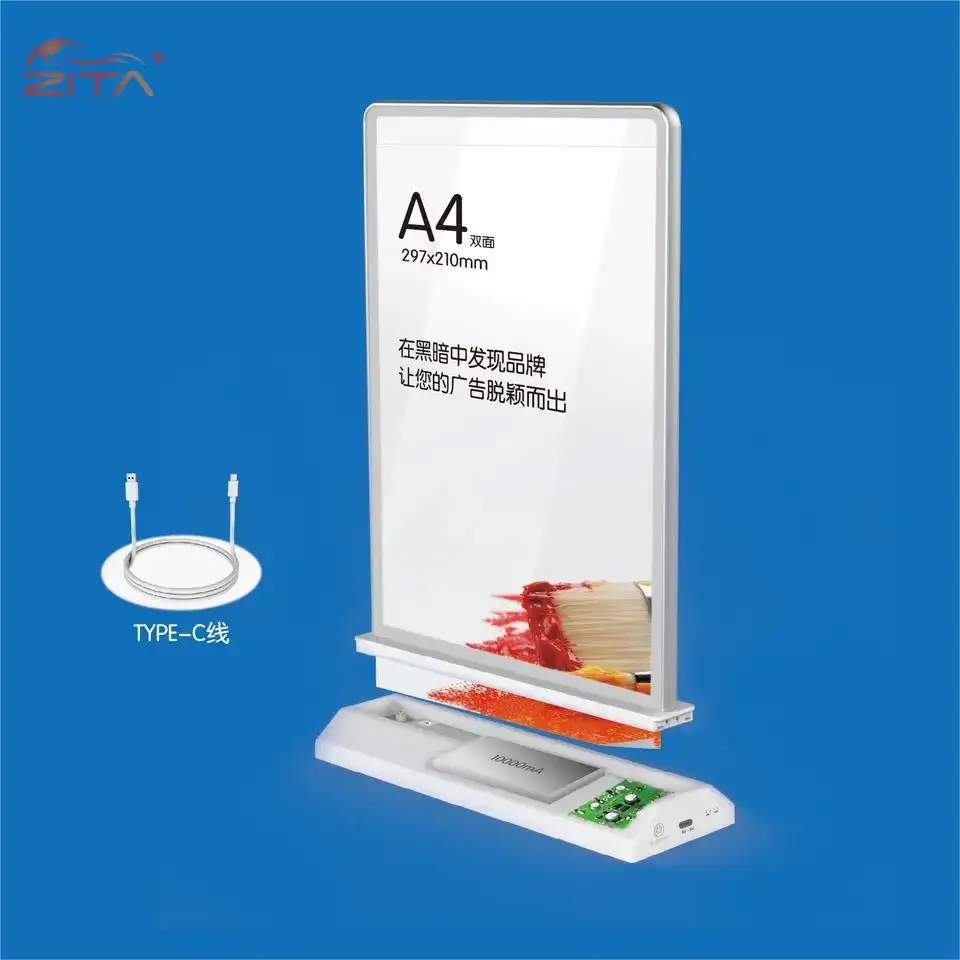 Cadre d'affiche rechargeable à LED double face de taille A4 pour menu lumineux à LED