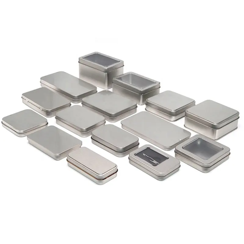 Caja de lata vacía de plata para joyería, caja de lata con bisagras rectangulares de Metal fino y grande, de grado alimenticio, venta al por mayor