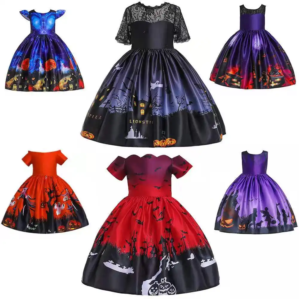 Vestido Vintage HYA86 de manga corta de Halloween para niñas, vestido acampanado de calabaza, traje de fiesta para niños