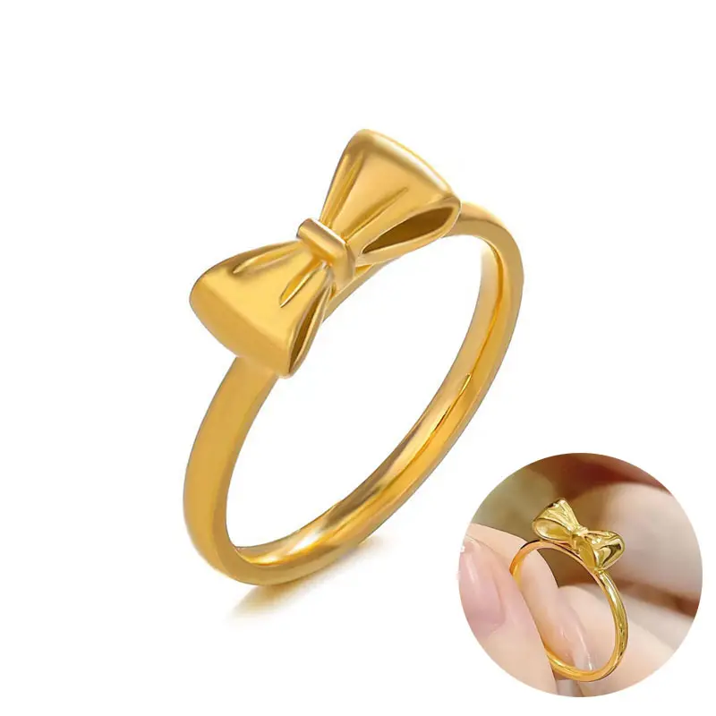 Anello da dito con fiocco placcato oro alla moda con fiocco in acciaio inossidabile non sbiadito per regalo da donna