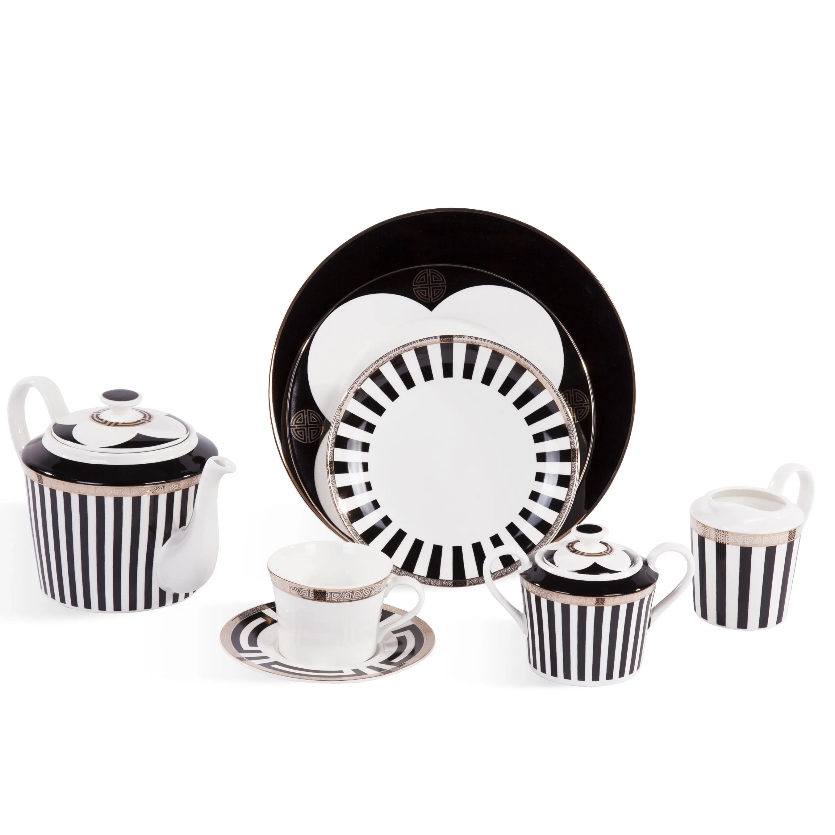 モダンな新しいチャイニーズブラックとホワイトセラミックコーヒーマグティーカップディナープレートセラミック花瓶カップ磁器食器セットを組み合わせる