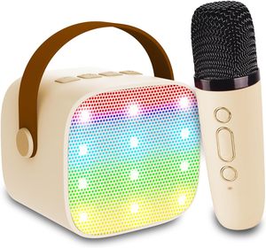 Mini máquina de karaoke portátil con luces LED RGB y 2 micrófonos inalámbricos para altavoz Bluetooth para fiestas y uso de computadora