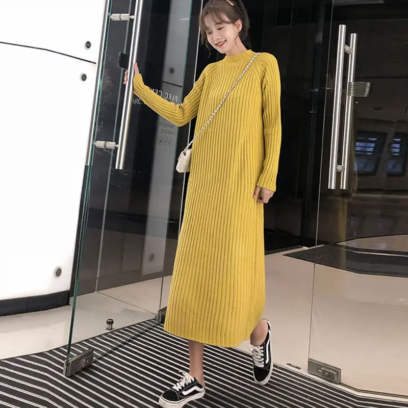 Top Venda mais recente Design Inverno Quente Elegante Senhoras Camisola Amarela Vestido Mulher De Malha Camisolas Longas Vestidos Casuais