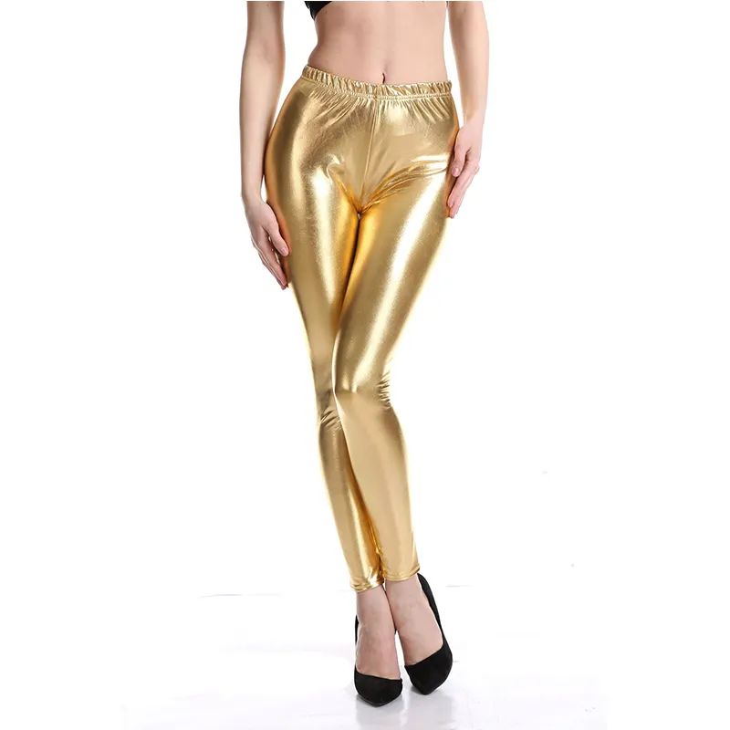 Leggings de couleur néon métallique brillant pour femmes, pantalon slim ajusté en vinyle pour danse