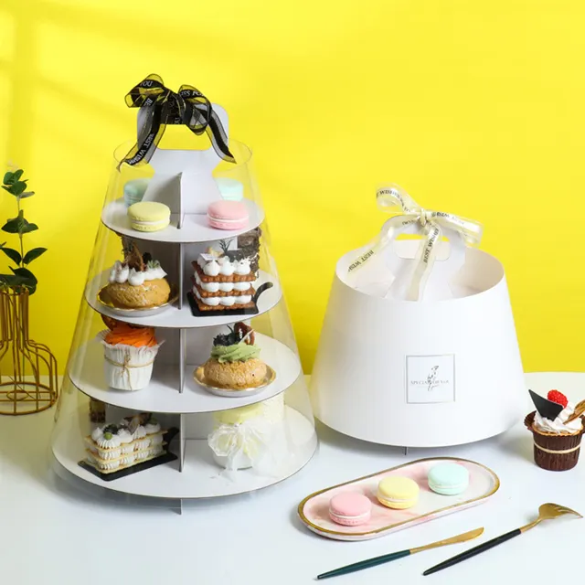 लक्जरी दोपहर चाय शादी स्तरीय केक बक्से स्पष्ट दौर सफेद संभाल के साथ नालीदार कप केक बॉक्स